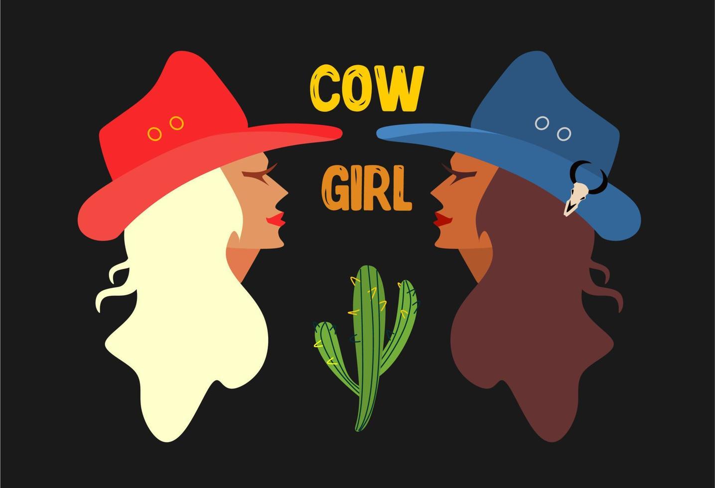 Oeste selvagem. duas meninas de cowboy com um cacto entre elas. uma loira de chapéu vermelho, uma mulher de cabelos castanhos de azul com uma caveira de touro. ilustração retrô. humor de caubói. fundo preto. vetor