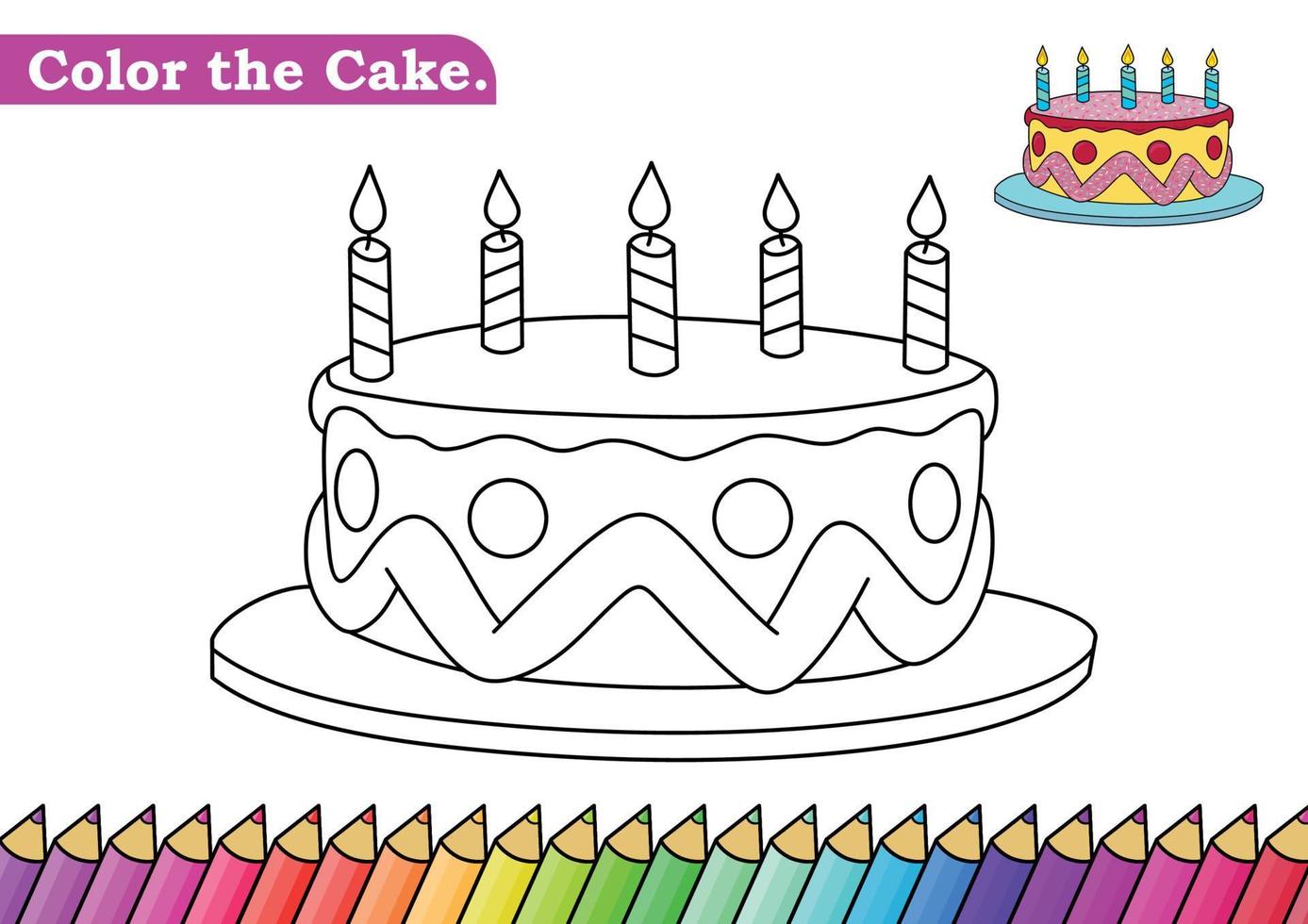 página para colorir para ilustração vetorial de bolo. Planilha de atividade de páginas para colorir de crianças do jardim de infância com desenho de bolo grande e fofo. bolo isolado no fundo branco para livros de cores. vetor