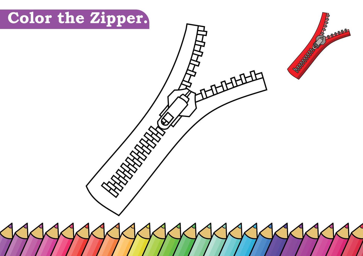 página para colorir para ilustração vetorial de zíper. Planilha de atividade de páginas para colorir de crianças do jardim de infância com um pequeno desenho animado zip. zip isolado no fundo branco para livros de cores. vetor