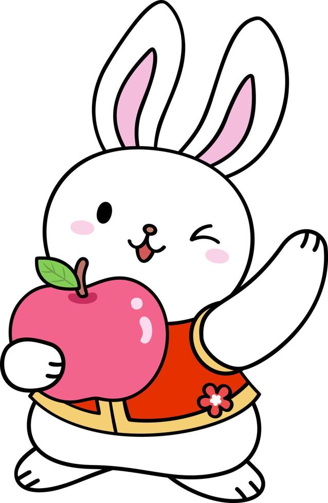 coelho segurando a maçã na mão e acenando olá vetor