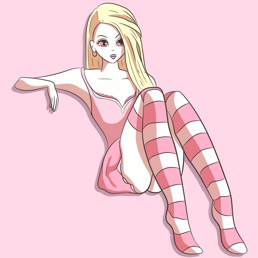 garota kawaii usando um vestido rosa pastel e meias listradas vetor