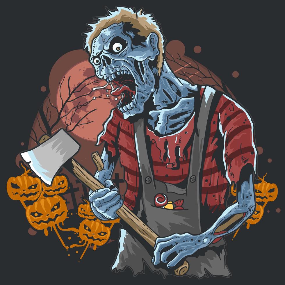 zumbi de halloween carregando um machado com fundo de abóboras vetor