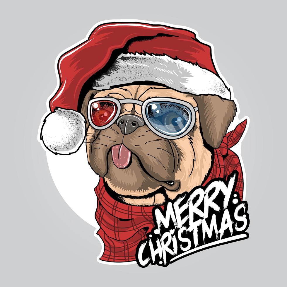 Cachorro pug fofo usando chapéu de Papai Noel vetor