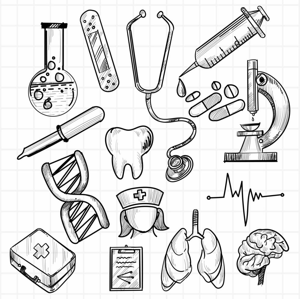 Conjunto de esboço de ícone médico desenhado à mão vetor