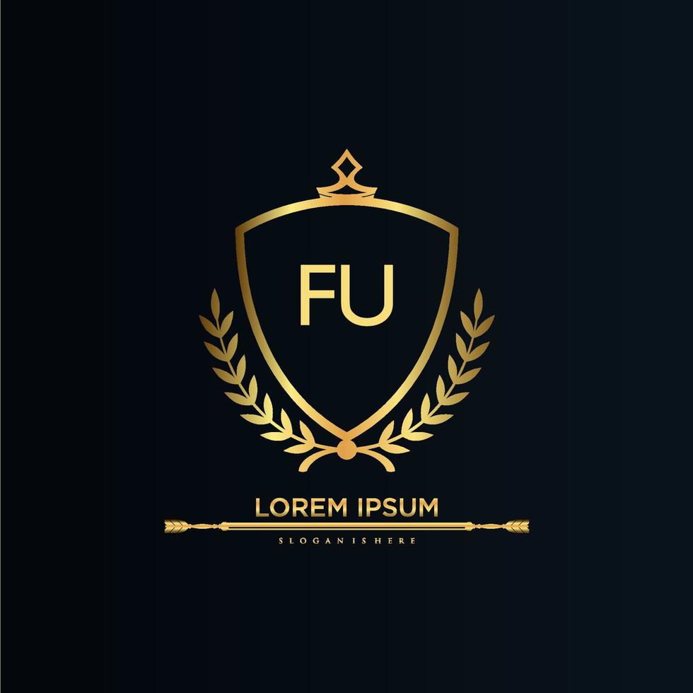 fu carta inicial com royal template.elegant com vetor de logotipo de coroa, ilustração em vetor de logotipo de letras criativas.