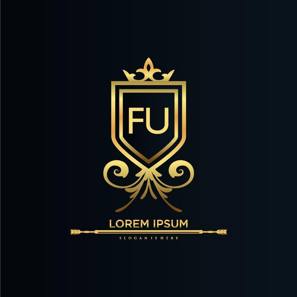 fu carta inicial com royal template.elegant com vetor de logotipo de coroa, ilustração em vetor de logotipo de letras criativas.