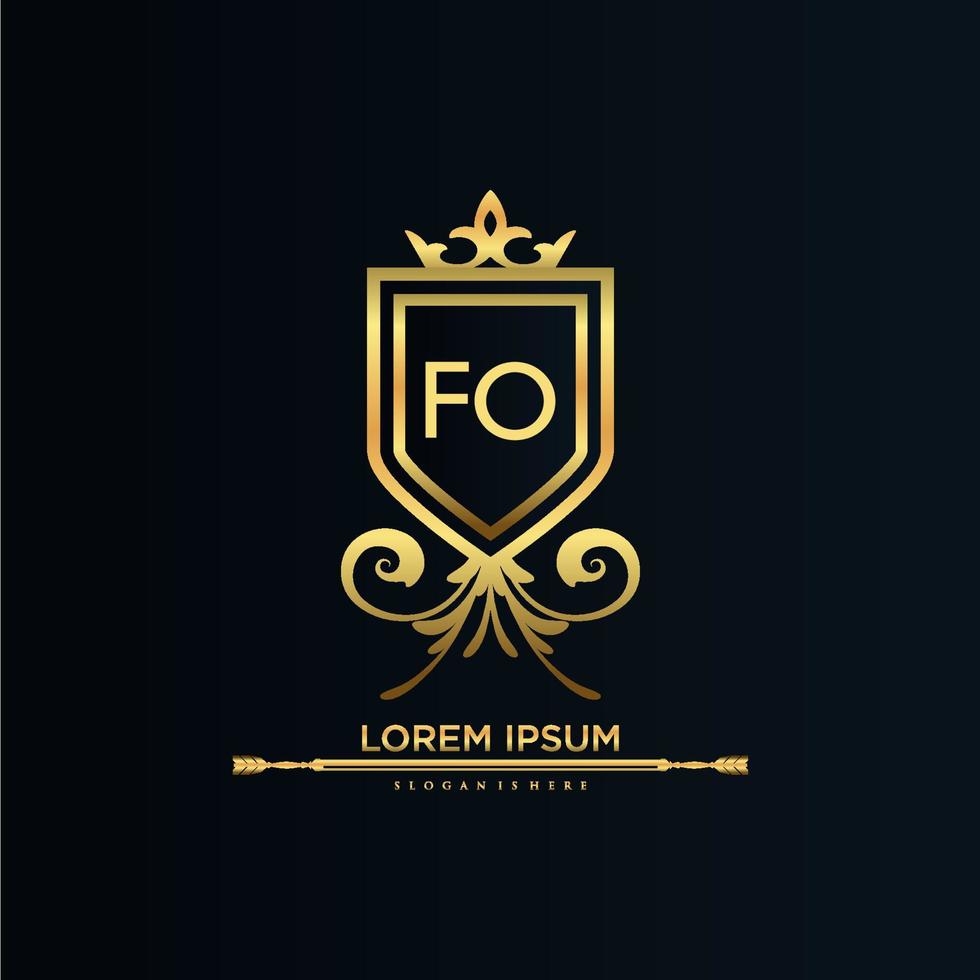 fo letra inicial com royal template.elegant com vetor de logotipo da coroa, ilustração em vetor logotipo de letras criativas.