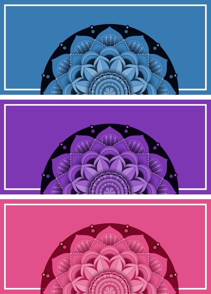 banners de fundo azul, roxo e rosa com padrões de mandala vetor