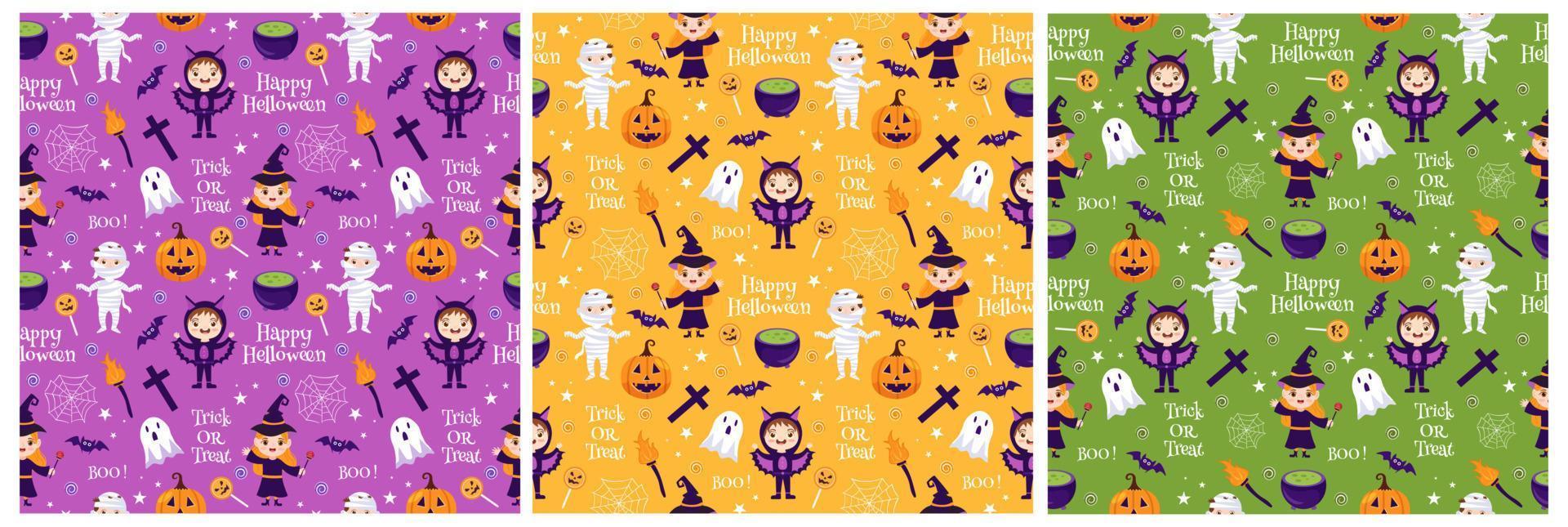 conjunto de design de padrão sem costura de halloween com bruxa, casa assombrada, abóboras ou morcegos em modelo de ilustração plana de desenho animado desenhado à mão vetor