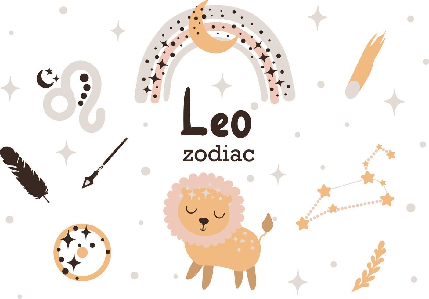 leo signo clipart - horóscopo de crianças bonitos, estrelas do zodíaco, constelação, arco-íris, planeta, folhas, seta e cometa ilustração vetorial isolado no fundo branco. vetor