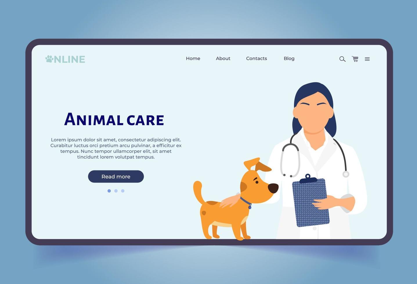 modelo de página de destino para cuidados com animais online. médico veterinário online. consultor online para pet shop. loja de cachorro e gato. cuidados com animais de estimação. tela para ui, web. estilo de desenho animado plano. vetor