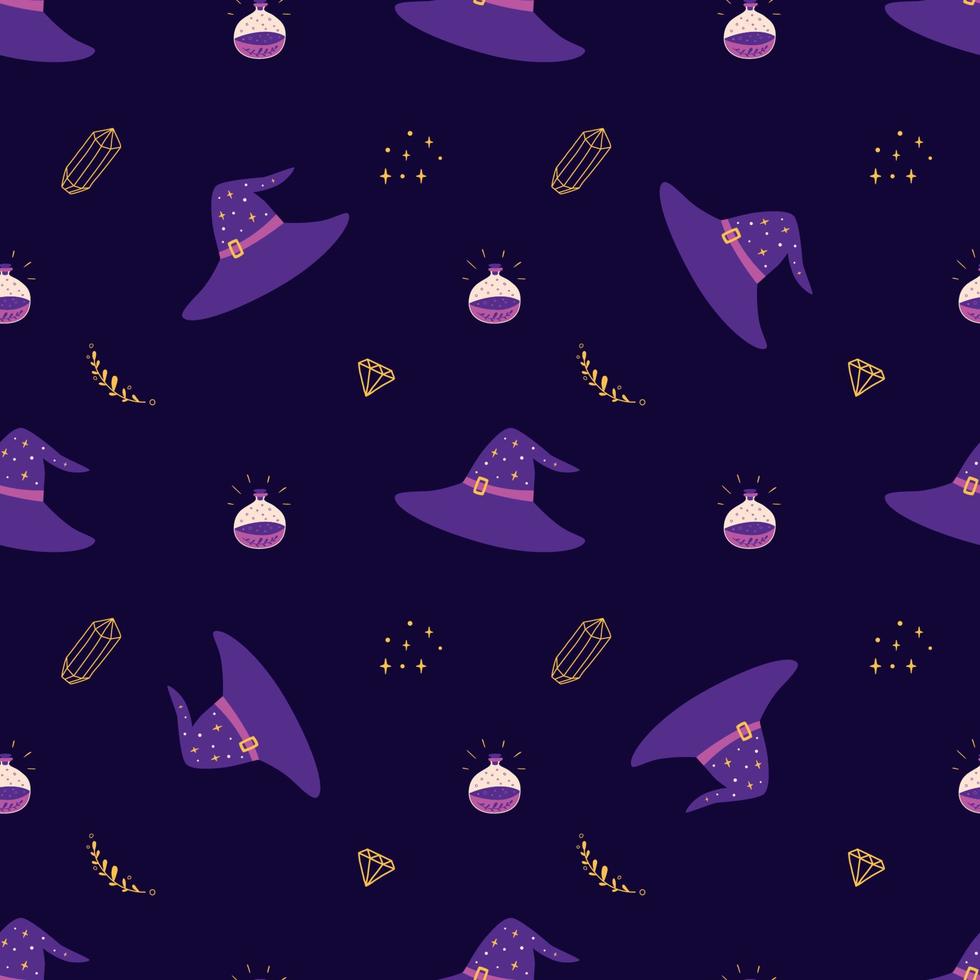 padrão de chapéu de bruxa. padrão perfeito de festa de halloween com chapéu de bruxa, garrafa de veneno, cristais, estrelas. ilustração vetorial. fundo de bruxaria na cor escura. Halloween crianças papel de parede bonito chapéu mágico. vetor