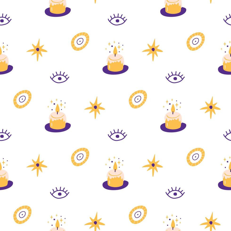 padrão mágico crianças mística padrão sem emenda. velas, olhos, elementos de estrelas. design de superfície celestial bonito. fundo de bruxaria infantil. impressão de halloween, papel de parede de alquimia. ilustrações vetoriais. vetor