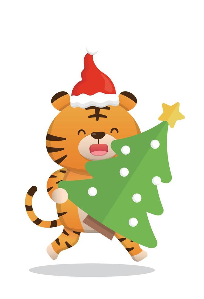 mascote de personagem de tigre fofo com árvore de natal, feliz em comemorar o natal, estilo de desenho animado vetorial vetor