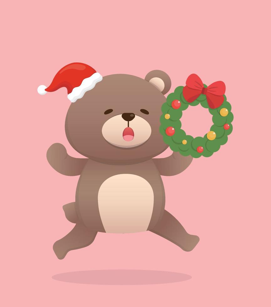 mascote de personagem de urso bebê fofo com chapéu de papai noel e guirlanda, feliz celebrando o natal, estilo de desenho vetorial vetor