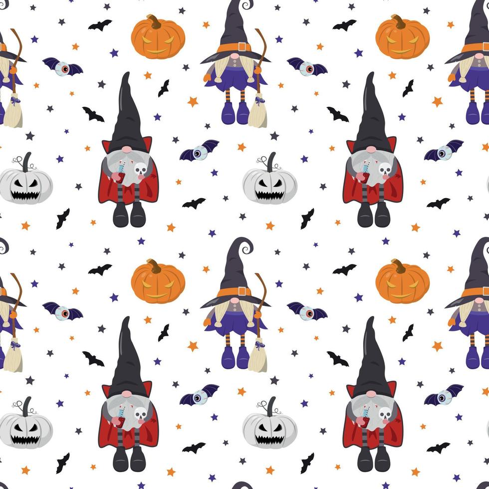 gnomos de halloween dos desenhos animados em fantasias de vampiro e bruxa com lanternas de abóbora, morcegos e estrelas. padrão sem emenda de vetor. isolado no fundo branco. fundo de férias assustador. vetor