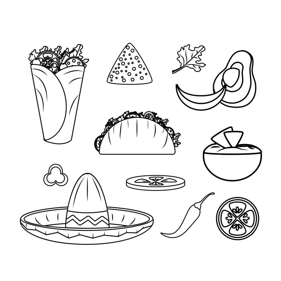 conjunto de ícones de design de comida mexicana vetor