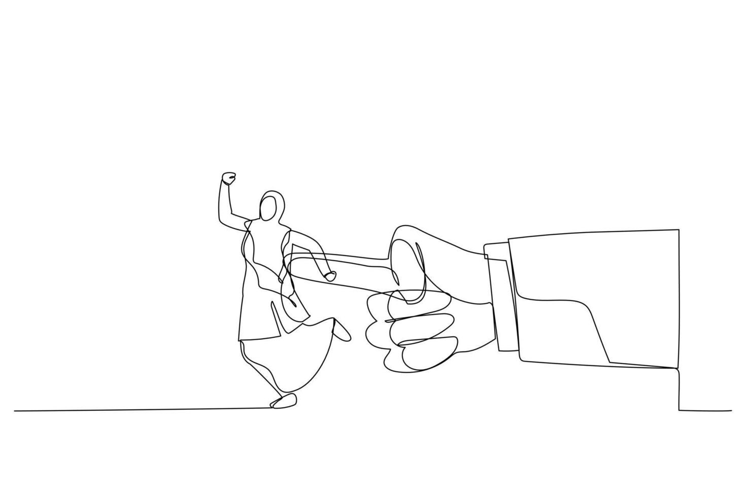 ilustração de mão gigante empurrando empresária árabe. metáfora para dar o empurrão no trabalho. estilo de arte de linha única vetor