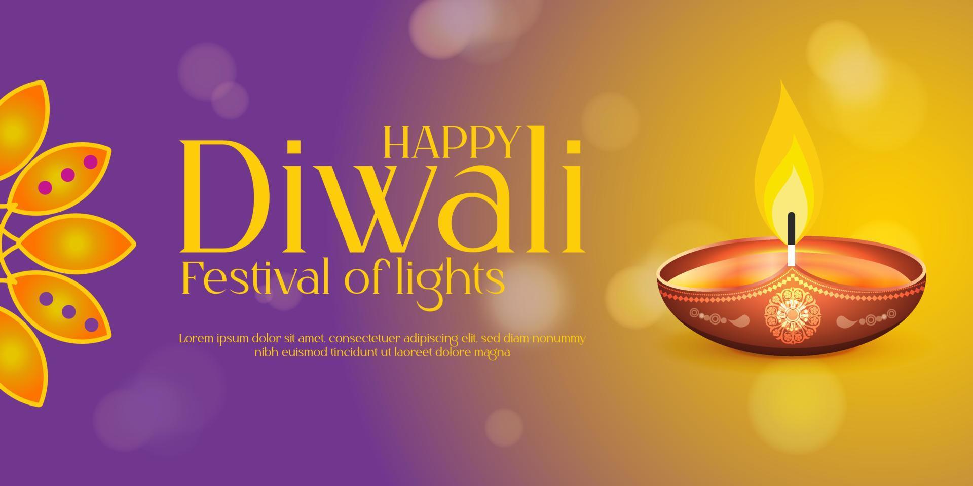 design de banner com ilustração de lâmpadas de óleo iluminadas realistas e mandala floral em fundo desfocado bokeh para festival de diwali vetor