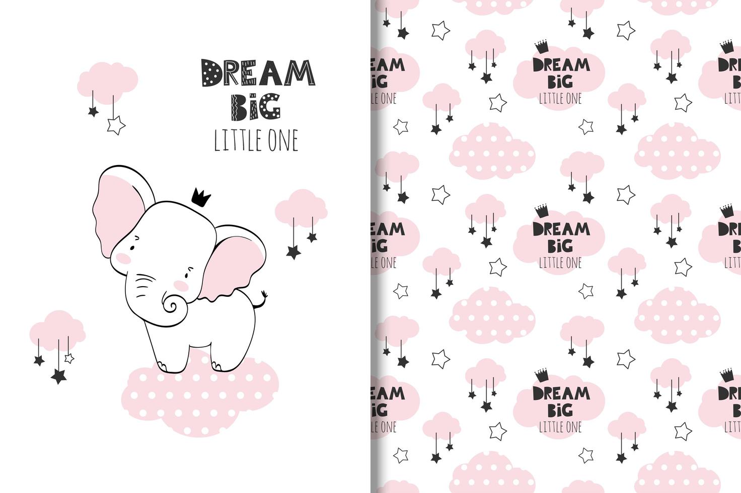 sonho grande bebê elefante e nuvens desenho e padrão vetor