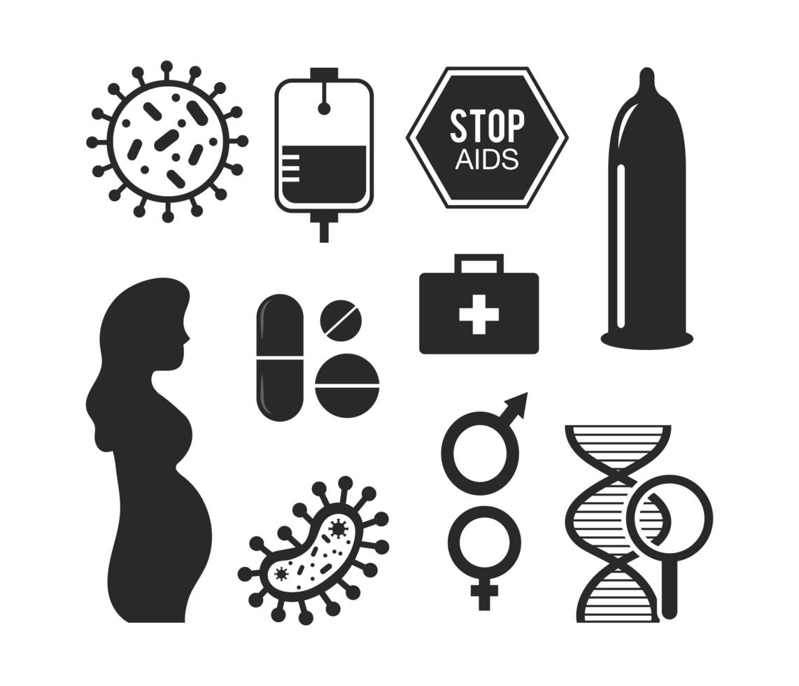 conjunto de ícones de silhueta de prevenção de aids vetor