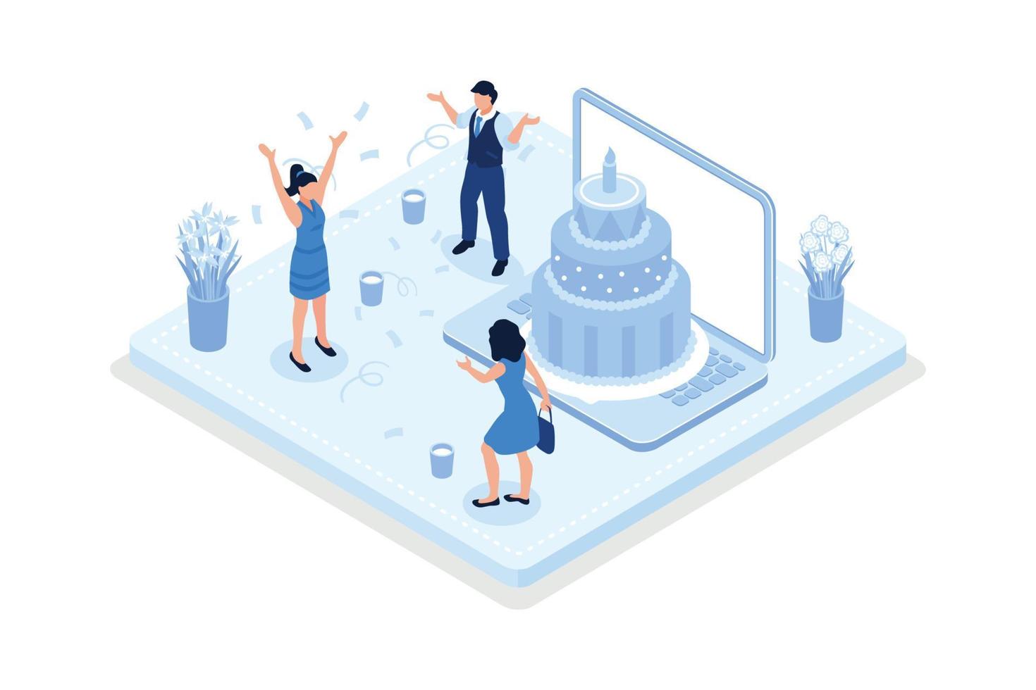 pessoas comemorando festa de aniversário, personagens em pé perto do bolo de aniversário, ilustração moderna de vetor isométrico
