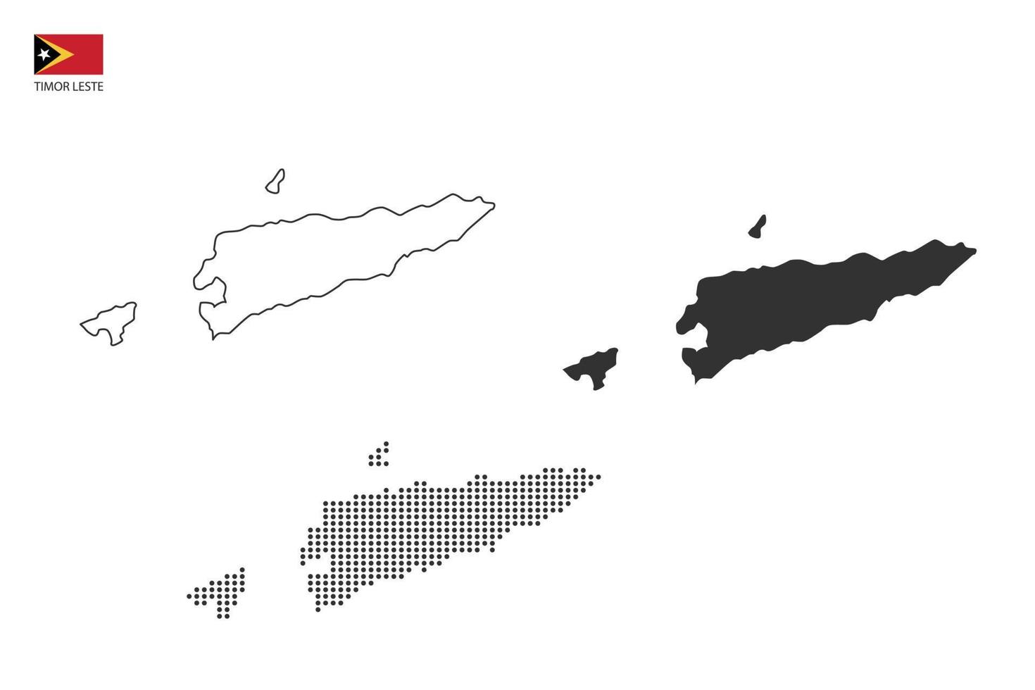 3 versões do vetor da cidade do mapa de timor leste pelo estilo de simplicidade de contorno preto fino, estilo de ponto preto e estilo de sombra escura. tudo no fundo branco.