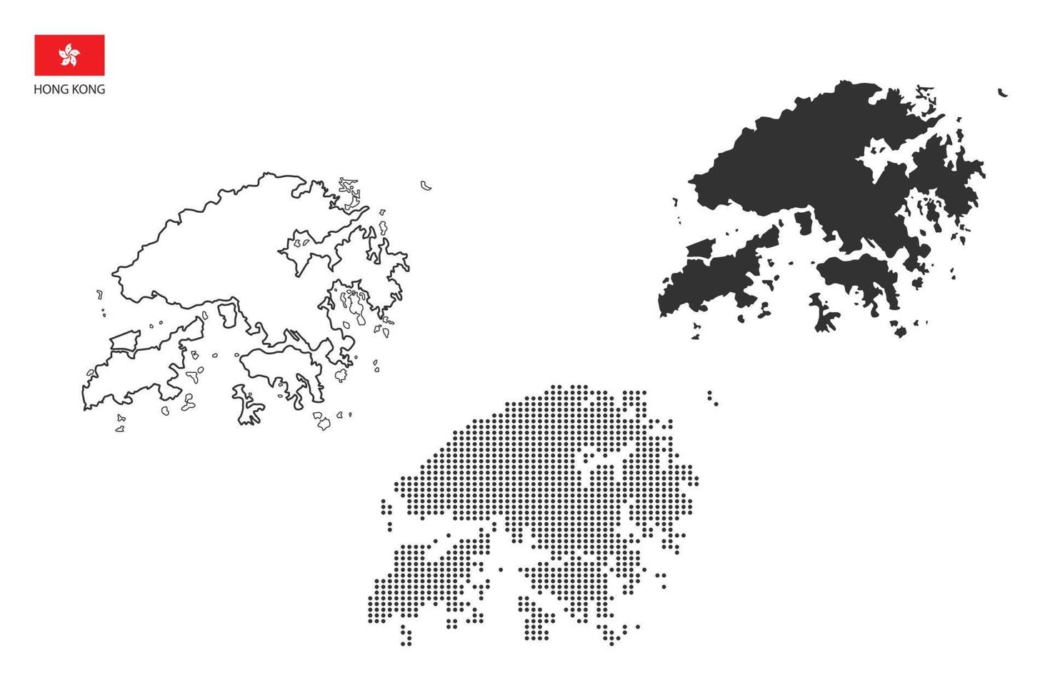3 versões do vetor da cidade do mapa de hong kong pelo estilo de simplicidade de contorno preto fino, estilo de ponto preto e estilo de sombra escura. tudo no fundo branco.