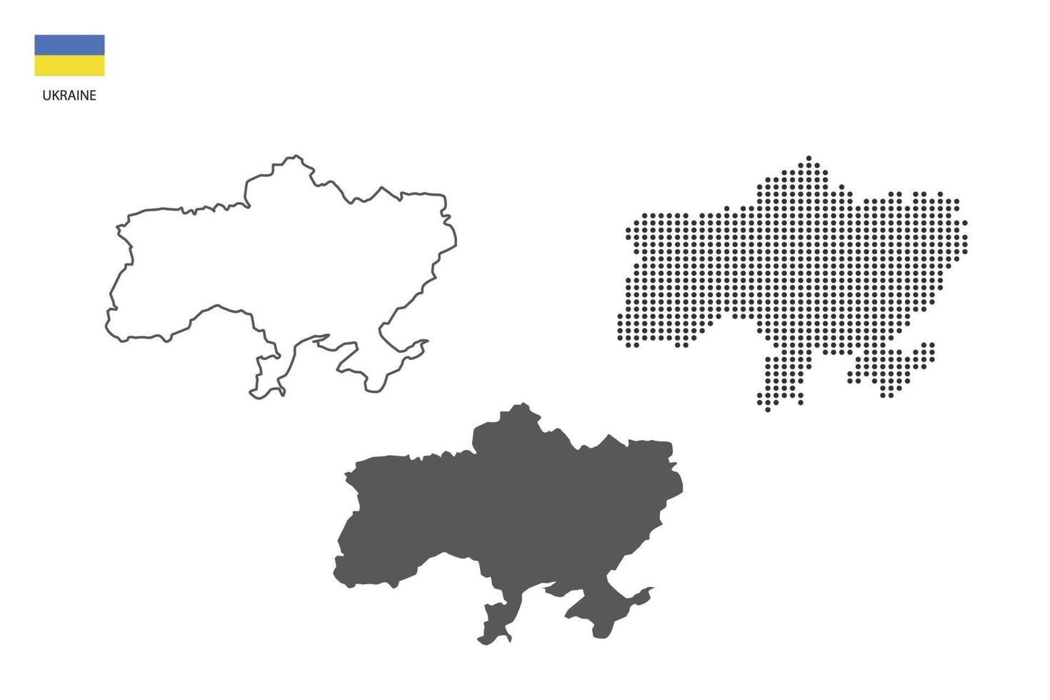 3 versões do vetor da cidade do mapa da ucrânia pelo estilo de simplicidade de contorno preto fino, estilo de ponto preto e estilo de sombra escura. tudo no fundo branco.