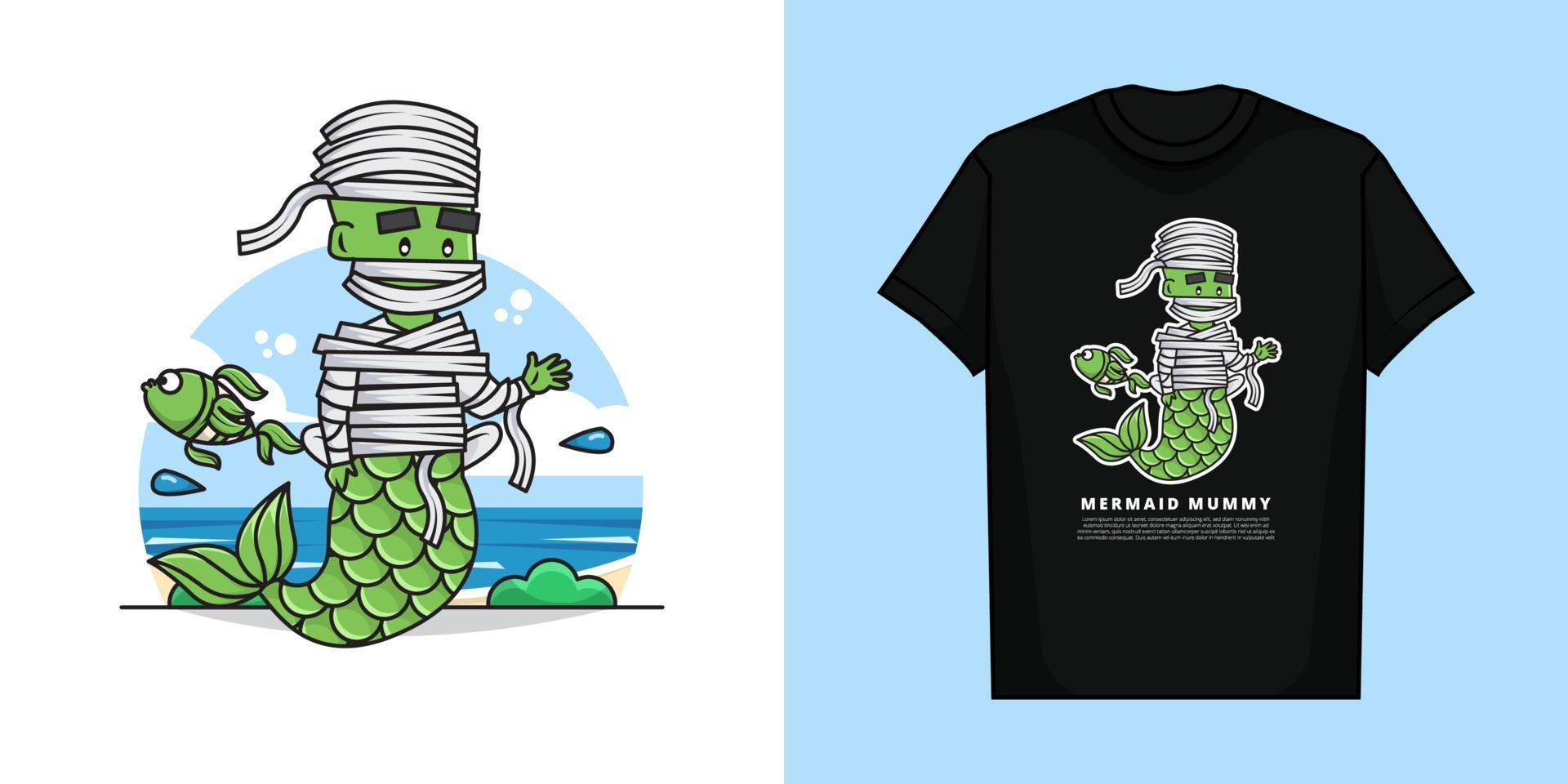 gráfico vetorial de ilustração do personagem de múmia sereia com design de camiseta vetor