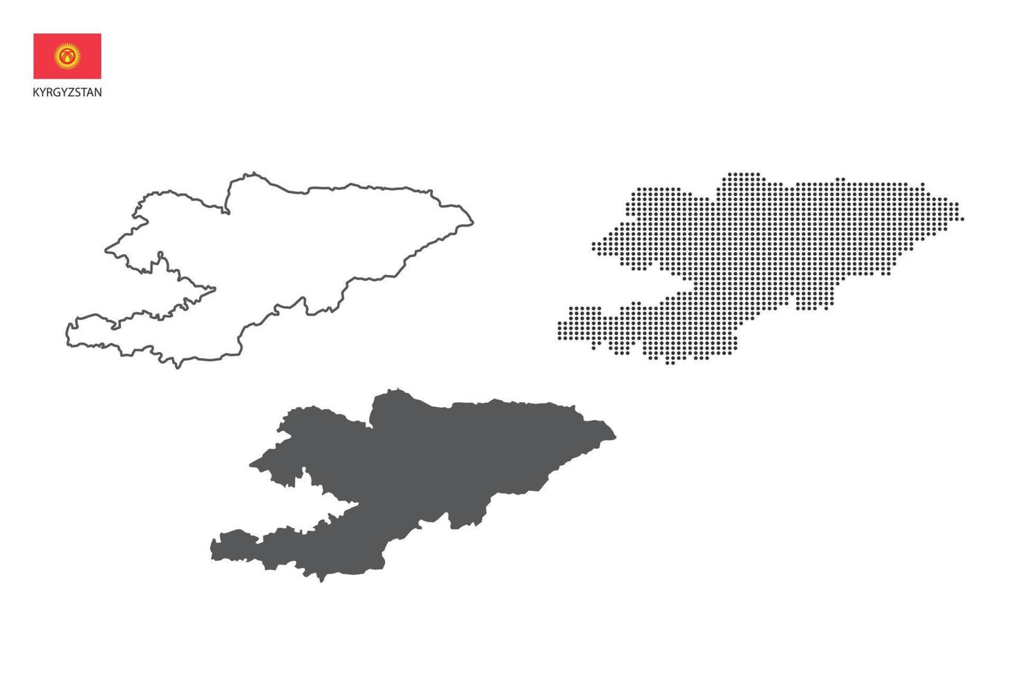 3 versões do vetor da cidade do mapa do Quirguistão pelo estilo de simplicidade de contorno preto fino, estilo de ponto preto e estilo de sombra escura. tudo no fundo branco.