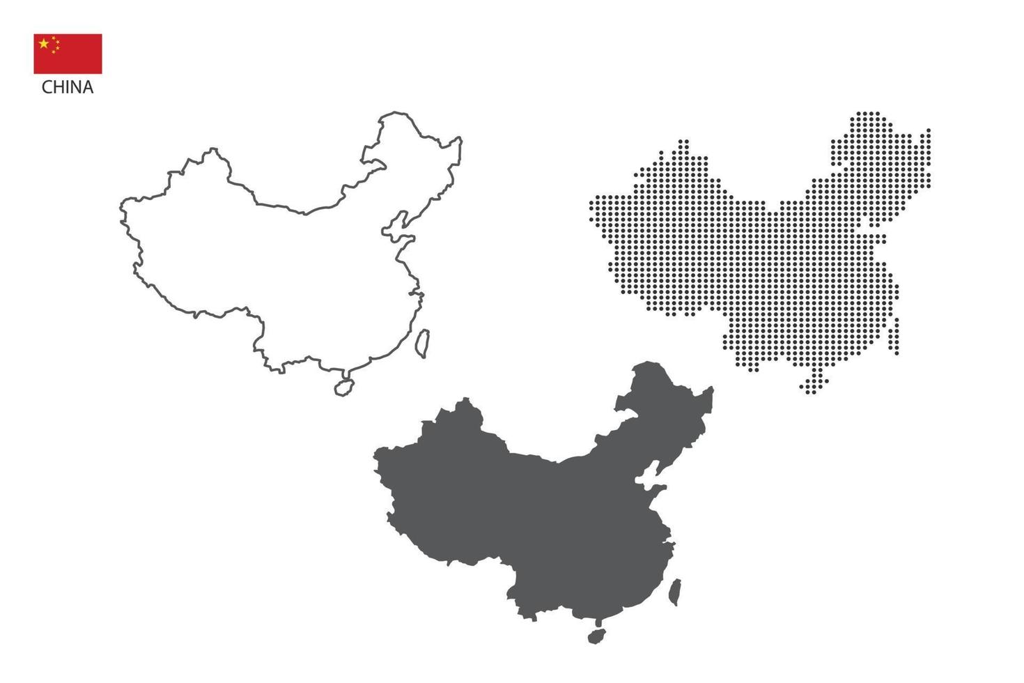 3 versões do vetor da cidade do mapa da china por estilo de simplicidade de contorno preto fino, estilo de ponto preto e estilo de sombra escura. tudo no fundo branco.