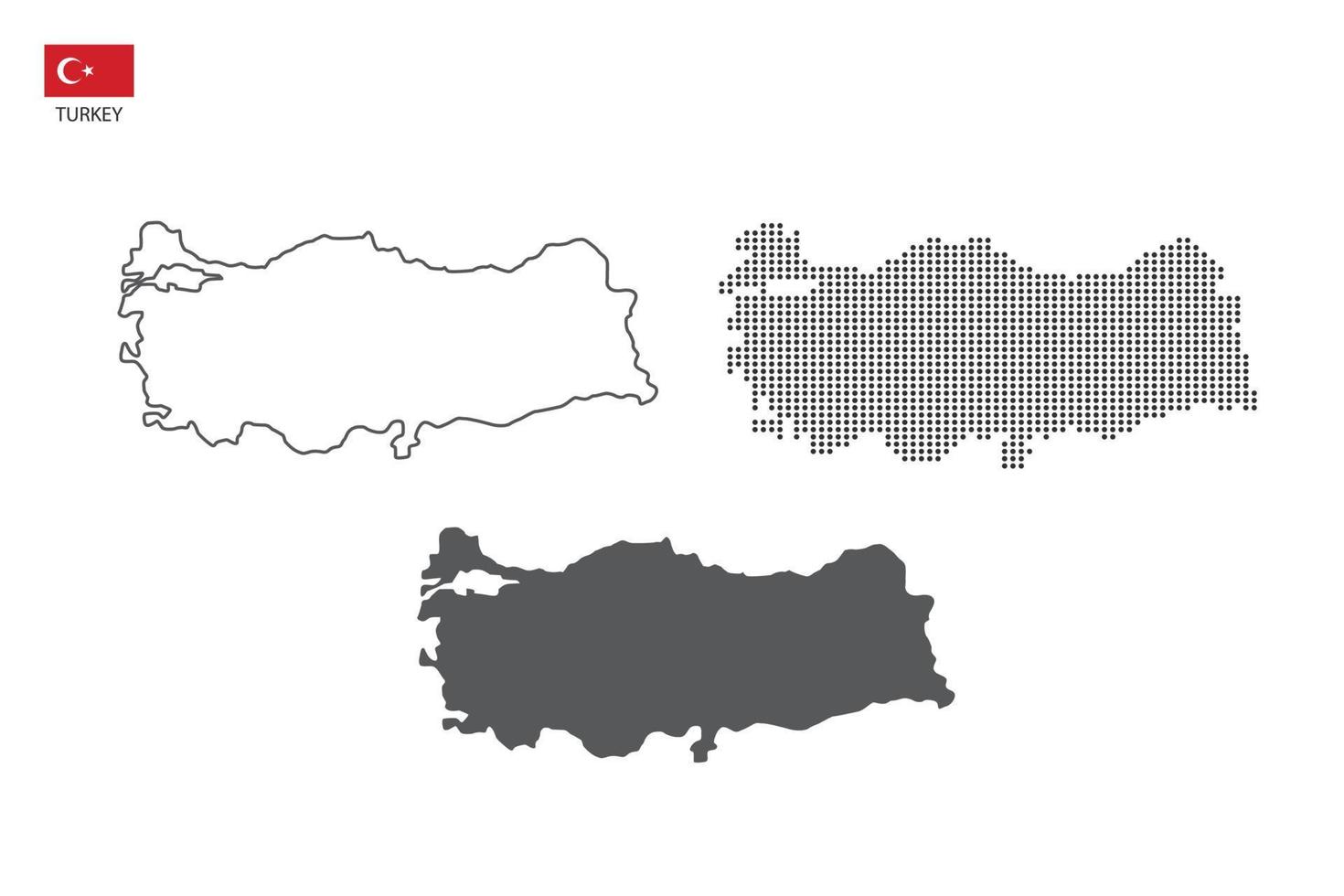 3 versões do vetor da cidade do mapa da Turquia por estilo de simplicidade de contorno preto fino, estilo de ponto preto e estilo de sombra escura. tudo no fundo branco.