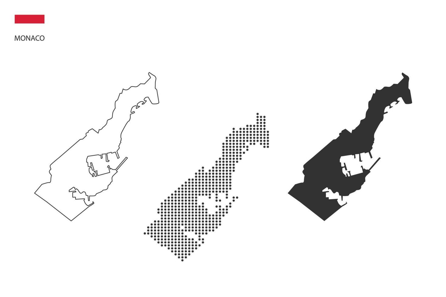 3 versões do vetor da cidade do mapa de Mônaco pelo estilo de simplicidade de contorno preto fino, estilo de ponto preto e estilo de sombra escura. tudo no fundo branco.