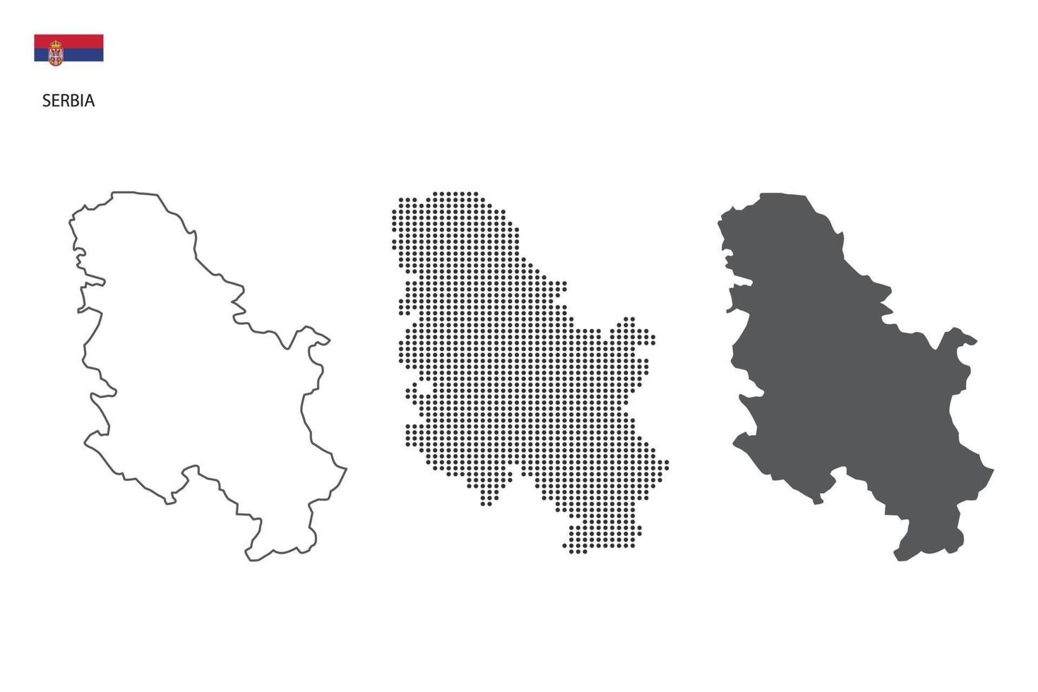 3 versões do vetor da cidade do mapa da Sérvia por estilo de simplicidade de contorno preto fino, estilo de ponto preto e estilo de sombra escura. tudo no fundo branco.
