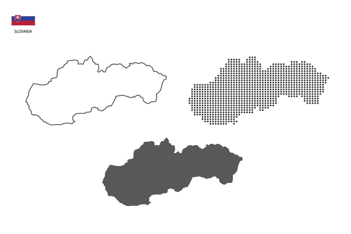 3 versões do vetor da cidade do mapa da Eslováquia pelo estilo de simplicidade de contorno preto fino, estilo de ponto preto e estilo de sombra escura. tudo no fundo branco.