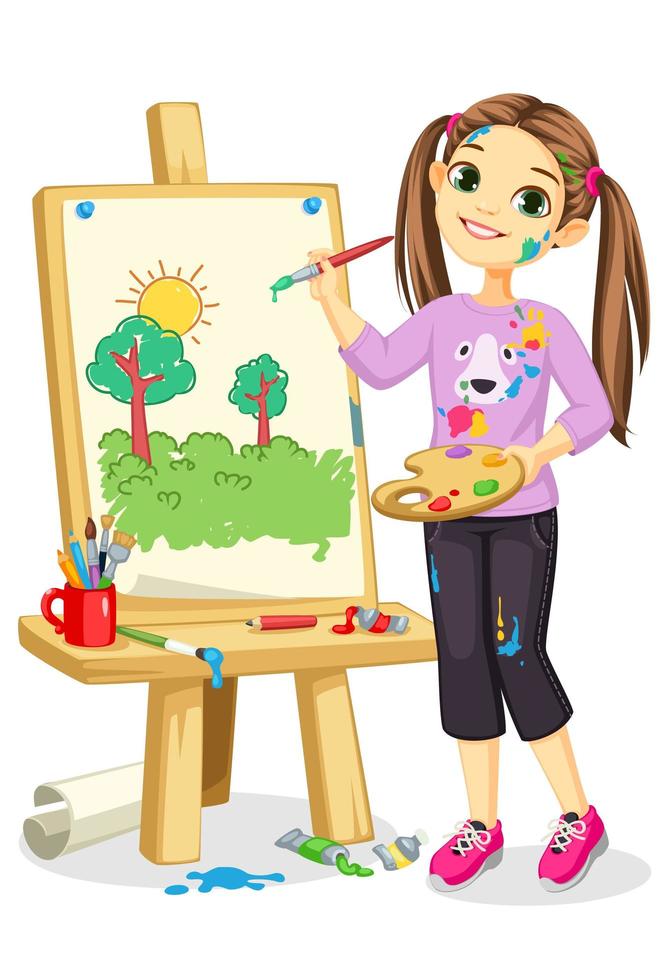 menina artista pintando em tela vetor