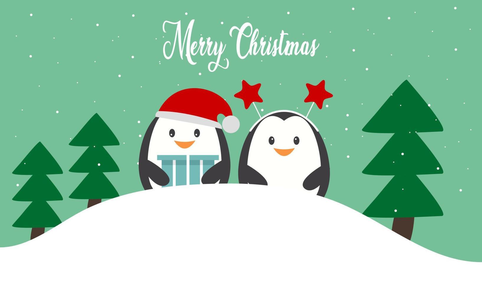 cartão de feliz natal com ilustração vetorial de pinguins de inverno fofos vetor