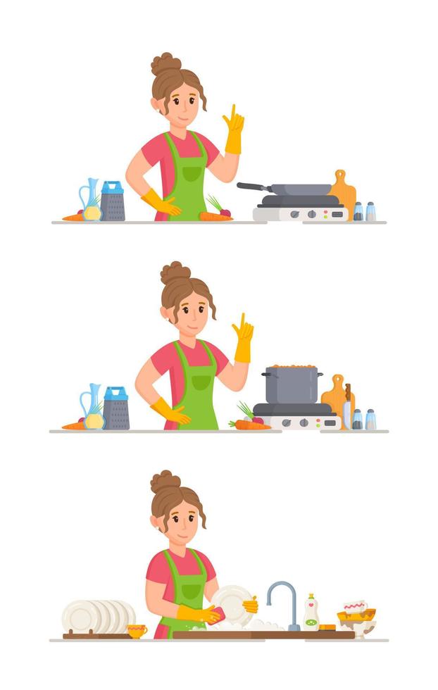 ilustração em vetor de conjunto de dona de casa. a garota, cozinhando, assando, lavando pratos na cozinha.