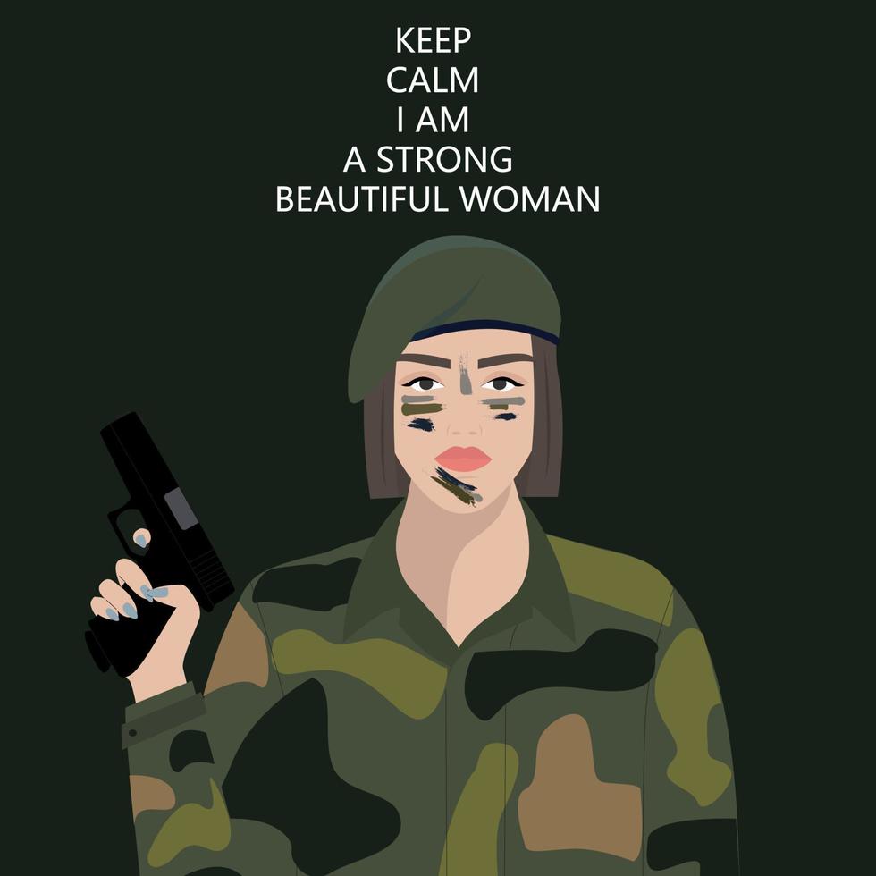 mulher em roupas militares em um fundo verde com uma arma. ilustração vetorial vetor