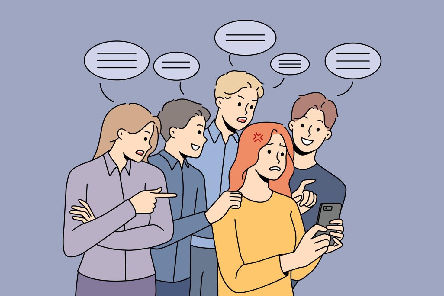 mulher estressada usa celular não pediu conselhos de pessoas em segundo plano. menina infeliz se sente incomodada com comentários públicos e feedback nas mídias sociais. ilustração vetorial. vetor