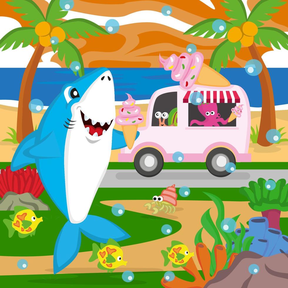 tubarão fofo comendo sorvete com pôr do sol na praia, vetor, editável, ótimo para quadrinhos, ilustrações, livros para colorir, adesivos, cartazes, sites, impressão, camisetas e muito mais vetor