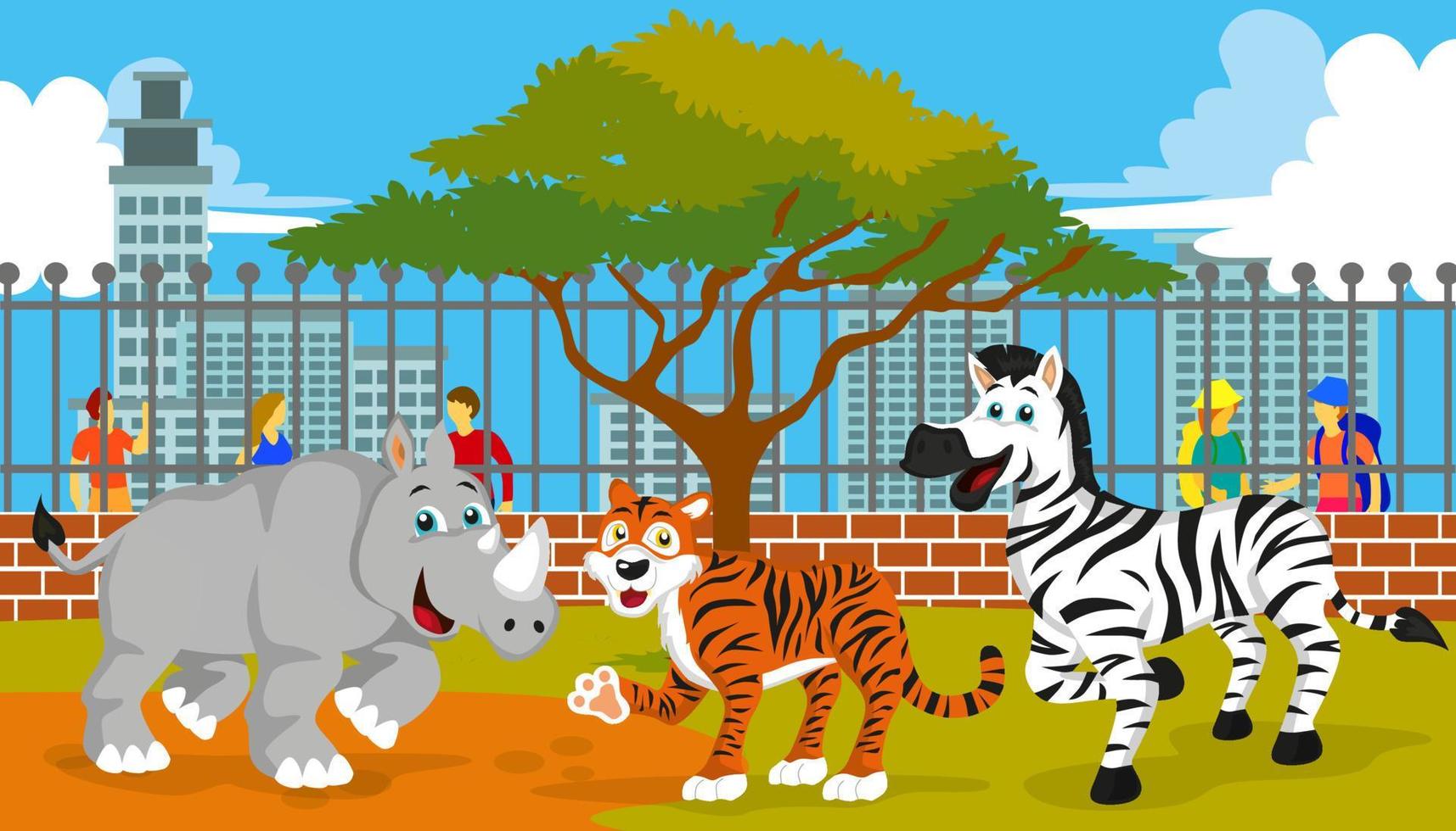 ilustração de tigres, zebras e rinocerontes no zoológico, adequado para livros de histórias infantis, pôsteres, sites, aplicativos móveis, jogos, camisetas e muito mais vetor