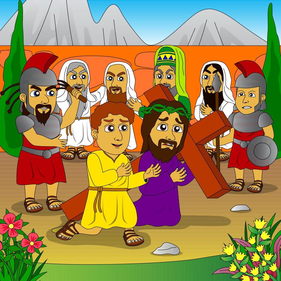 jesus carregou a cruz auxiliado por simão de cirene, ilustrações da bíblia infantil, educação, religião, cartazes, sites, camisetas, impressão e outros vetor