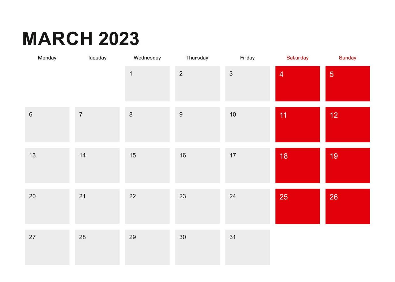 Projeto de calendário do planejador de março de 2023. semana começa a partir de segunda-feira. vetor