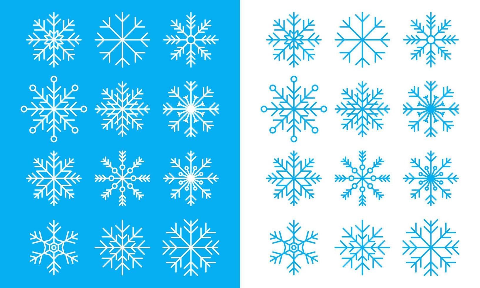 ícones de linha de floco de neve em fundo azul e branco. conjunto de ícones de flocos de neve azuis. modelo de flocos de neve. inverno de floco de neve. ícones de flocos de neve. ilustração vetorial vetor