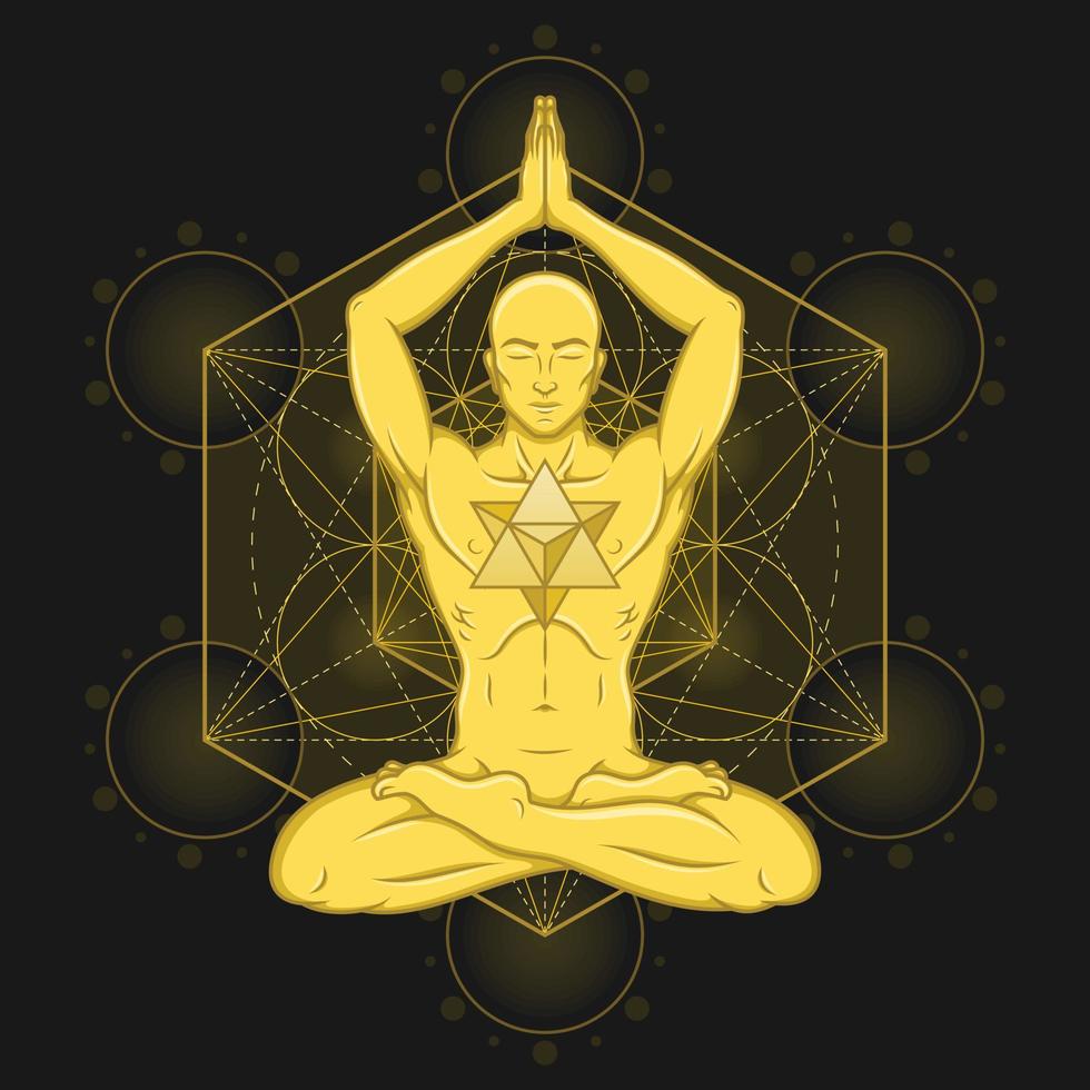 desenho vetorial de homem meditando com fundo metatron vetor