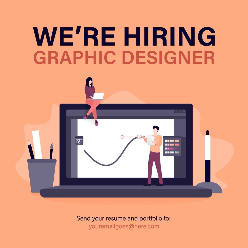 estamos contratando designer gráfico. conceito de negócios de pessoal e recrutamento com ilustração de ferramentas de desenho digital e pessoas vetor