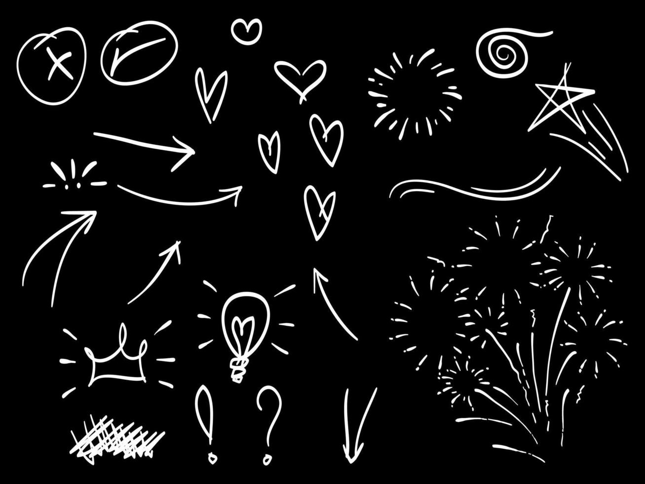 doodle definir ênfase para o projeto de conceito isolado no fundo preto. elementos infográficos. pincelada, swishes encaracolados, swoops, redemoinho, seta. ilustração vetorial. vetor