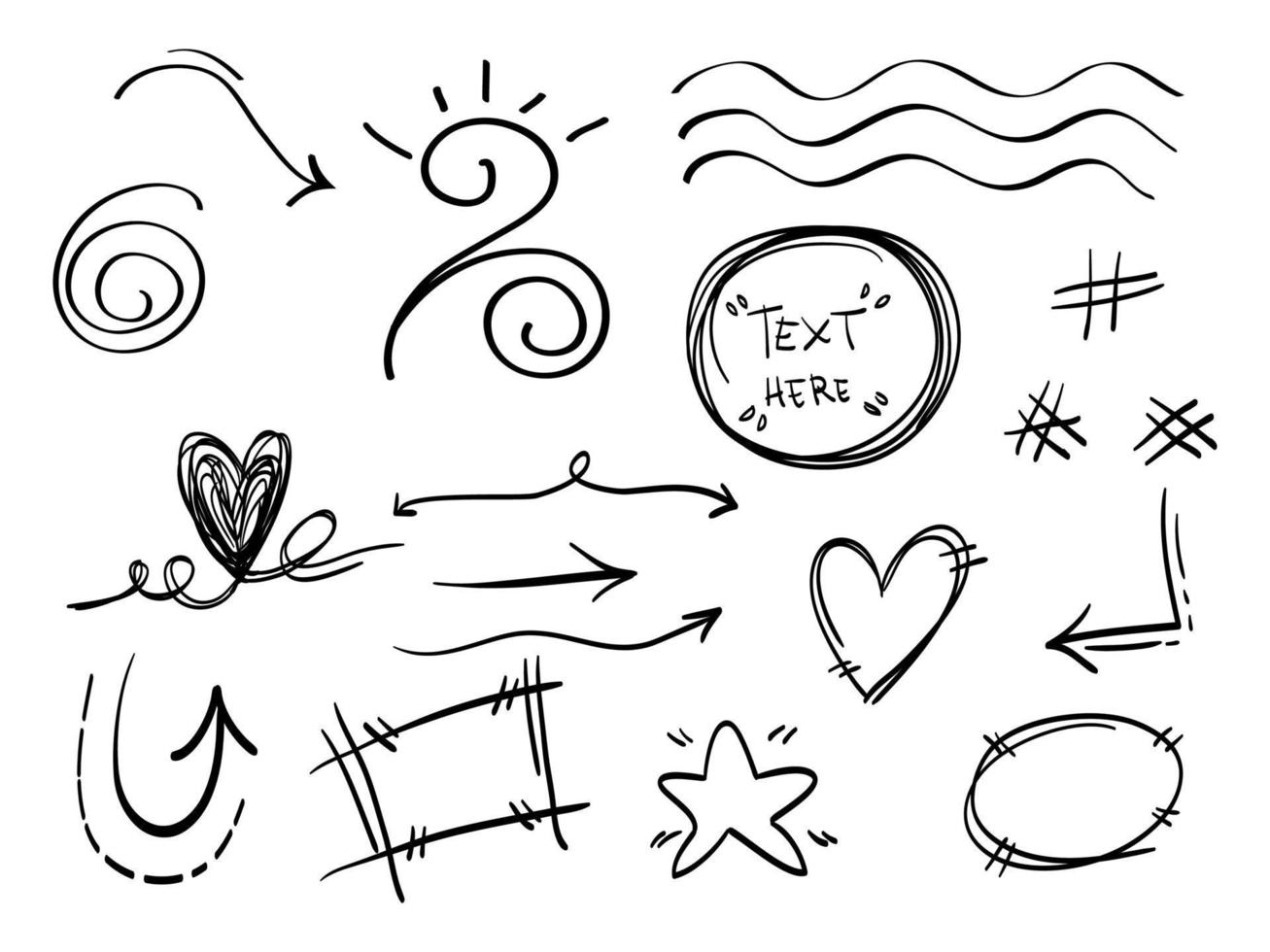 elementos de doodle para design de conceito. isolado no fundo branco. elementos infográficos. pincelada, swishes encaracolados, rusgas, redemoinho, seta, coração, coroa, estrela. ilustração vetorial. vetor